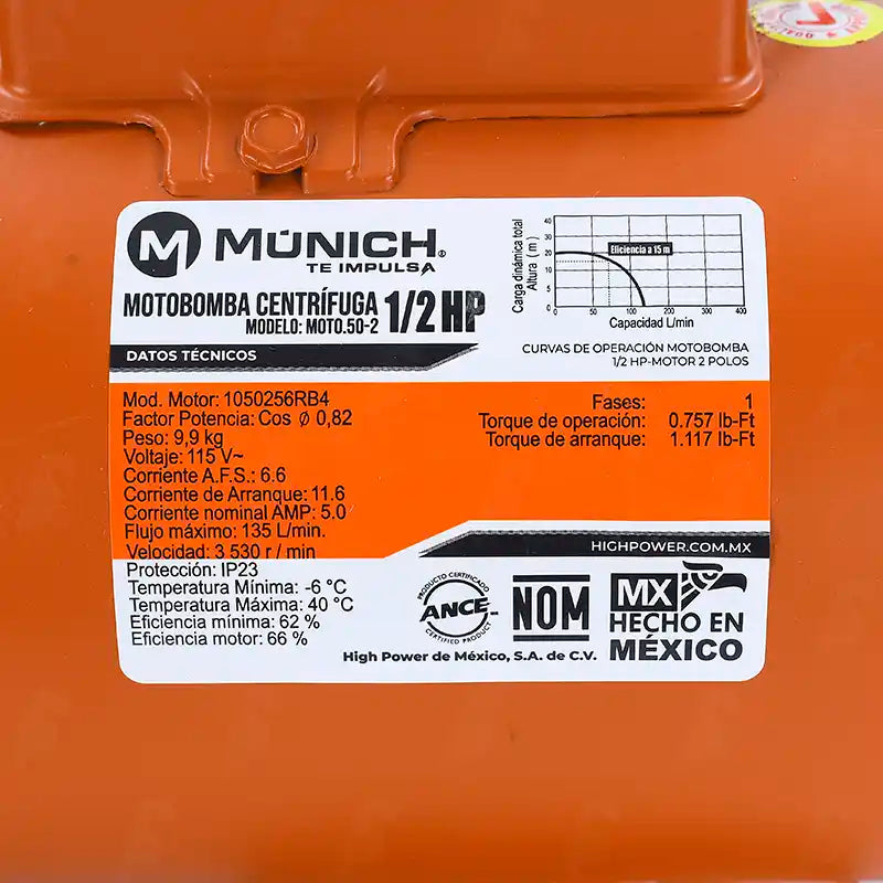 Bomba de Agua Centrifuga Monofásico Múnich MOT0.50-2 1/2HP